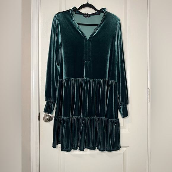 1.STATE Deep Green Velour Velvet Long Sleeve Ruffle Babydoll Dress w/ V-neck XL - Picture 4 of 11
